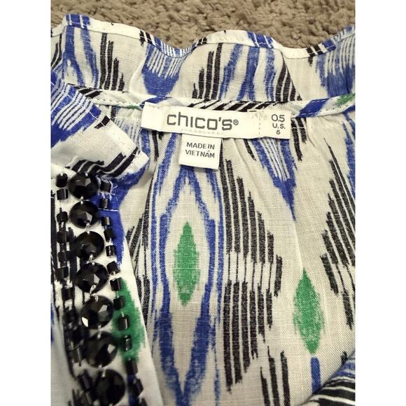 Chicos Linen Tribal Print Jeweled Neckline Ruffle Drawstring Sleeves Size 0.5/6 - Picture 8 of 8